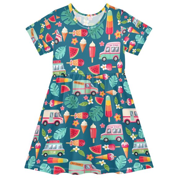 FORMRS Girls Short Sleeve Dress Summer Casual Round Neck A-line Beach Sundress, Sizes 2T-8T, Green Cartoon Truck Pattern