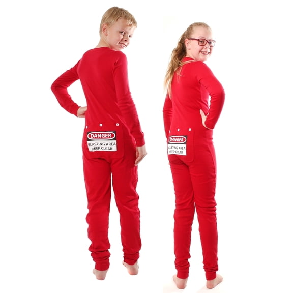 Big Feet Pajama Kids Red Union Suit Pajamas, DANGER BLAST AREA Butt Flap, Cotton, Snug Fit, Sizes 14