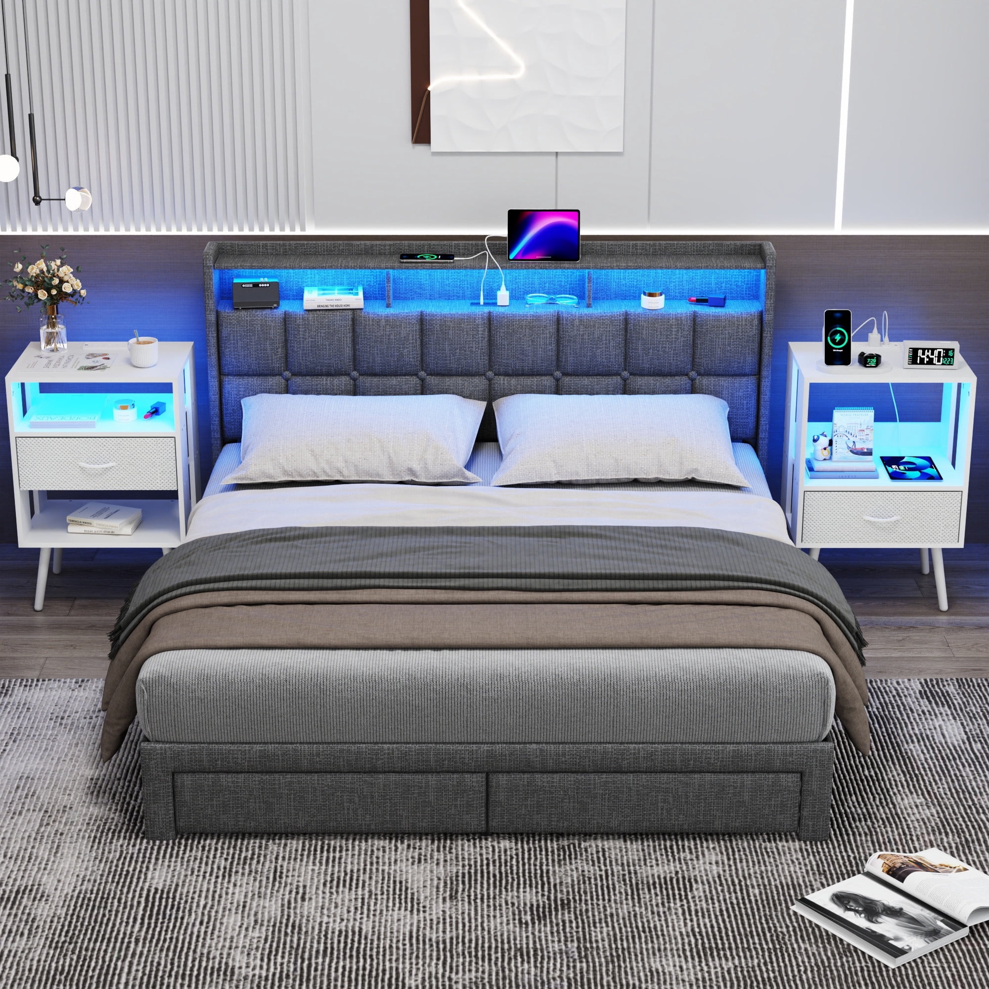 Nightstand Set of 2, Holaki Nightstand with Charging Station for Bedroom, Night Stand with LED Light & Fabric Drawers, Dresser Bedside Table for Living Room, White