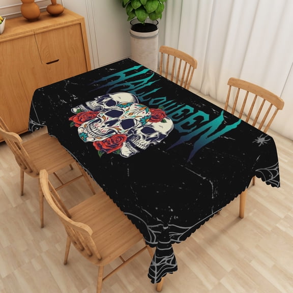 Nanqianyi Halloween Waterproof Tablecloth 54" x 72", Black Skulls with Rose Pattern, for Halloween Party, Kitchen Table Decor