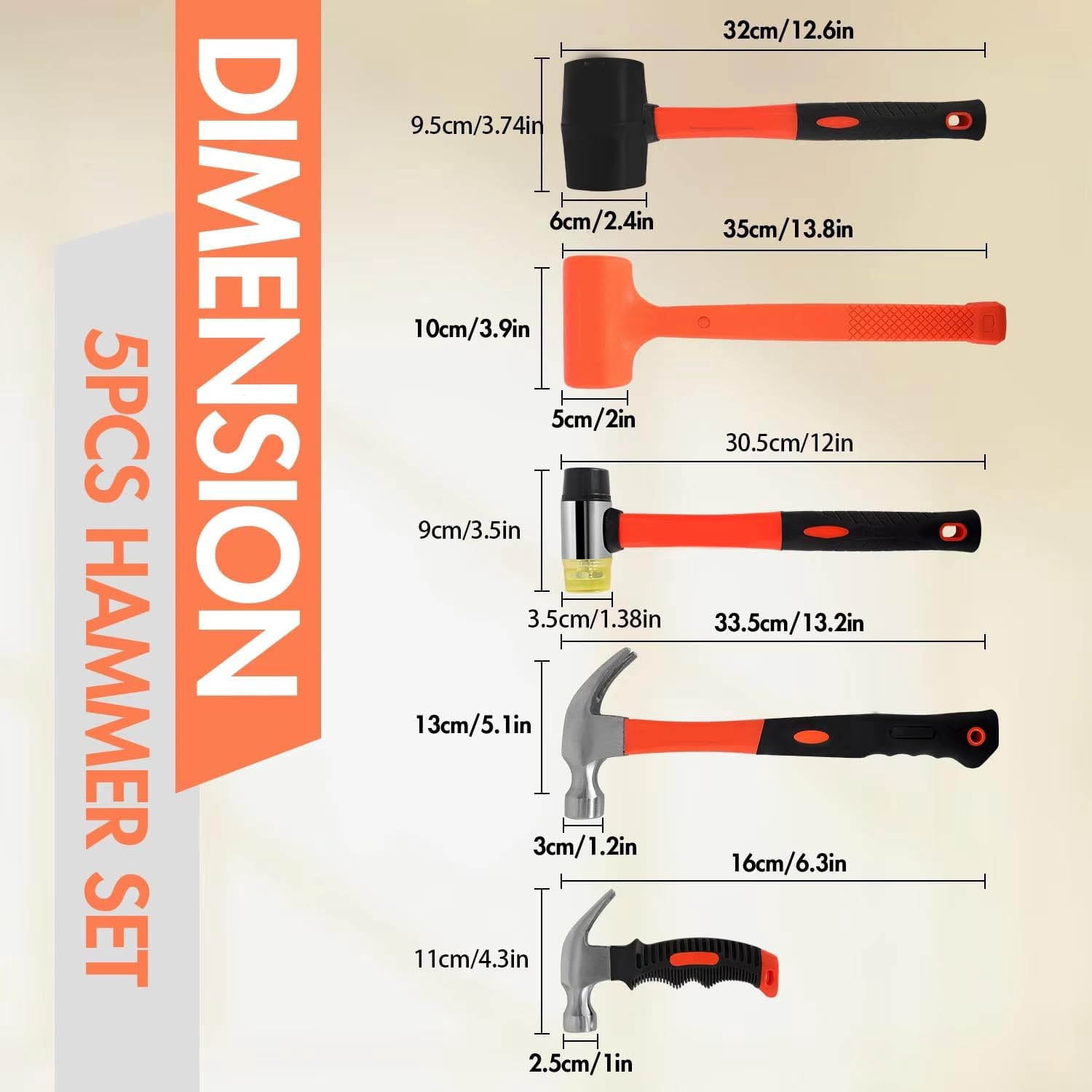 5-Piece Hammer Set, Dead Blow Hammer | Claw Hammer | Rubber Mallet | Double-Faced Soft Mallet | Small Hammer