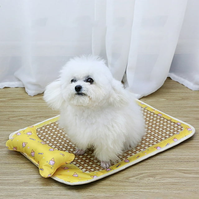 Colchoneta Refrescante y Transpirable de Ratán Amarillo para Mascotas | Cama para Perros y Gatos de 40X30 Cm con Almohada Extraíble | Uso Interior y Exterior | Almohadilla Refrescante para Climas Cál