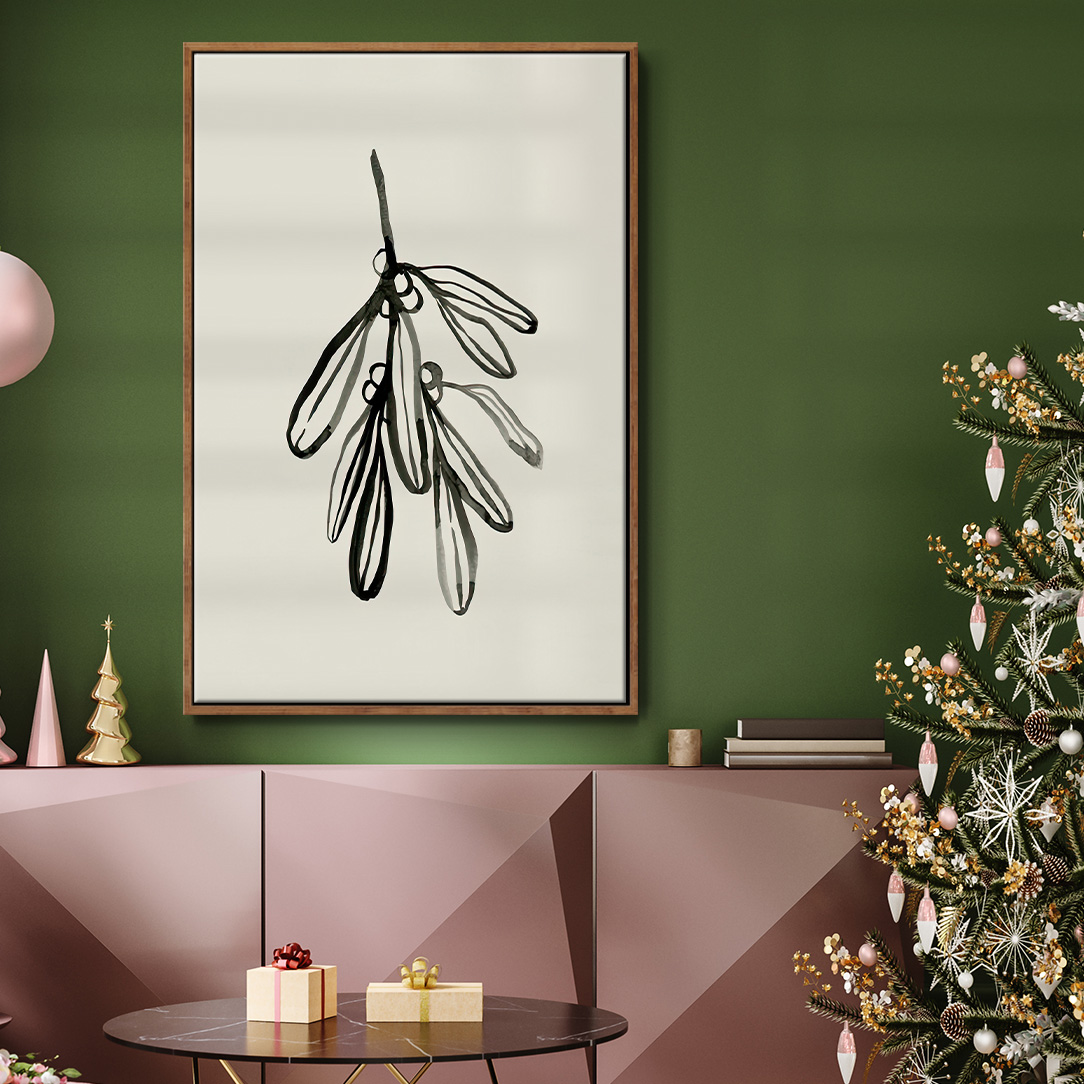 Mistletoe Sketch I - Framed Gallery Wrapped Holiday Canvas - 17 x 25 - Rosewood Frame