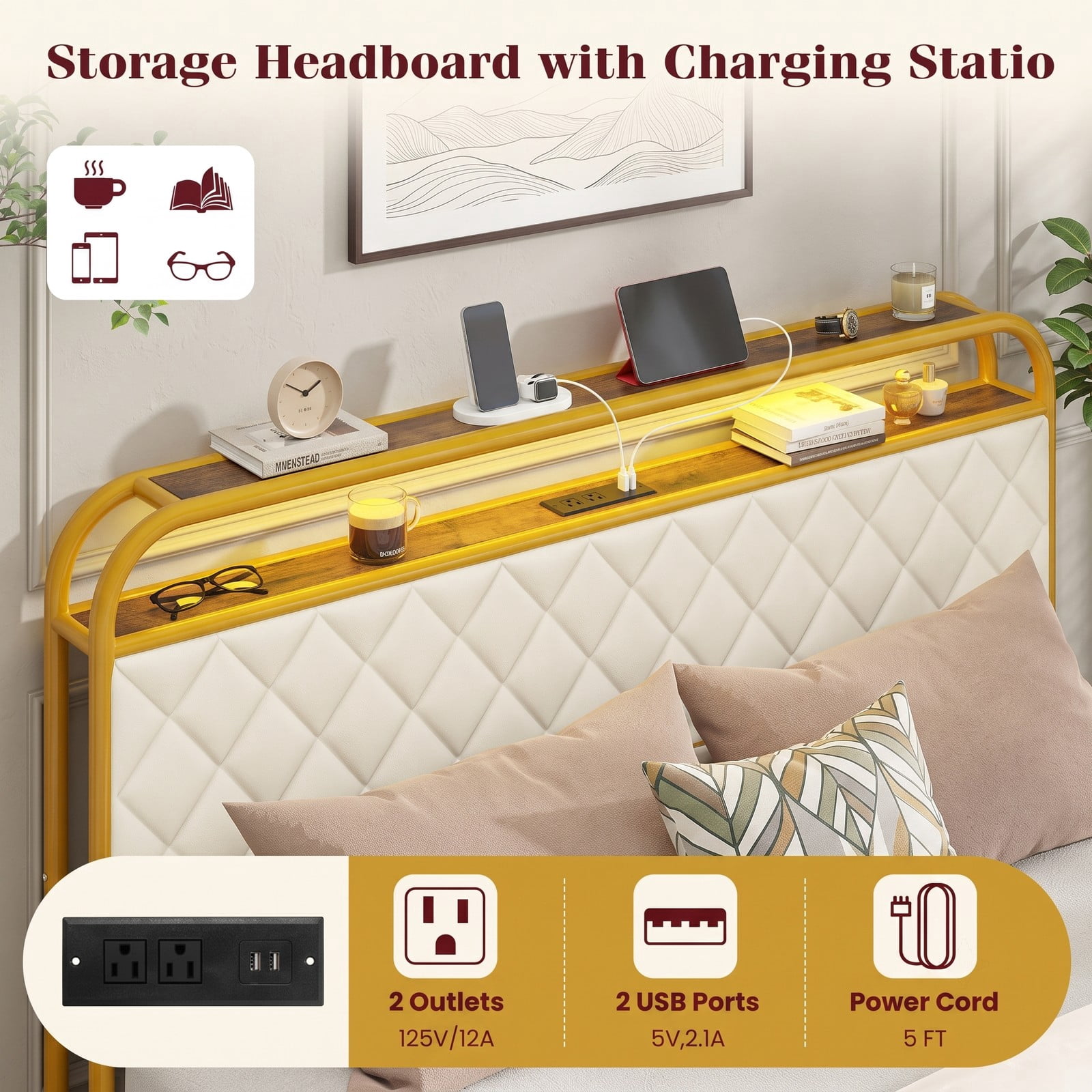 Furnibear Queen Size Bed Frame with LED Lights Charging Station 4 Drawers and Upholstered Headboard, Queen Platform Bed Frame for Bedroom, Gold
