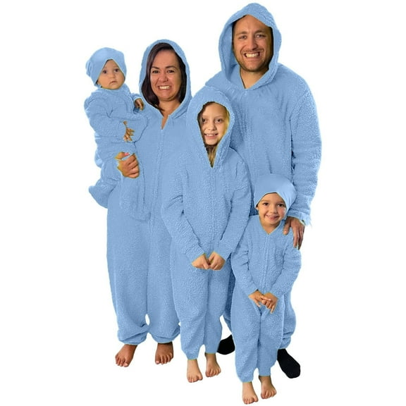 Christmas Family Matching Pajamas Sets with Hood, Pure Blue Thickened Plush Warm Flannel, Merry Christmas Pajamas, Long Sleeved Pajamas Zipper Style, Xmas Festival Pjs, Christmas Theme Pajamas