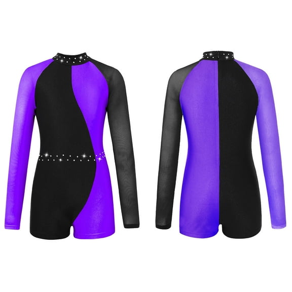 renvena Girls Kids One Piece Sequin Long Sleeve Athletic Gymnastic Leotard Athletic Sports Unitard Bodysuit