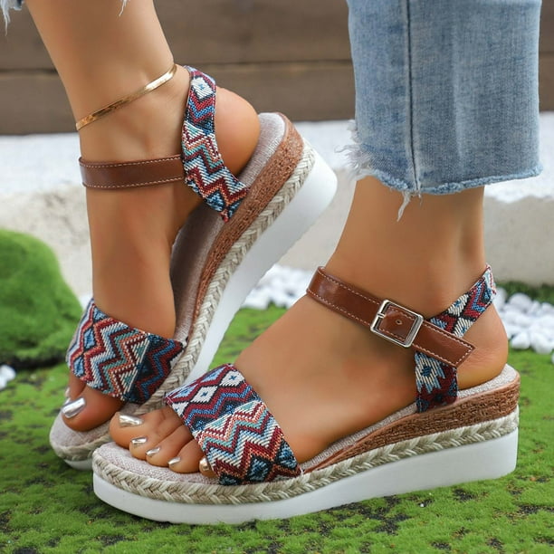 MKLEKYY Sandalias Flexi para Mujer, Con Punta Redonda, Hebilla, Correa, Verano, Tacón Bajo, Suela Gruesa, Cuñas