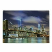 Landscape Cutting Board, Manhattan Skyline with Brooklyn Bridge and Towers in NYC United States America, Decorative Tempered Glass Cutting and Serving Board, Small Size, Purple Green, by Ambesonne