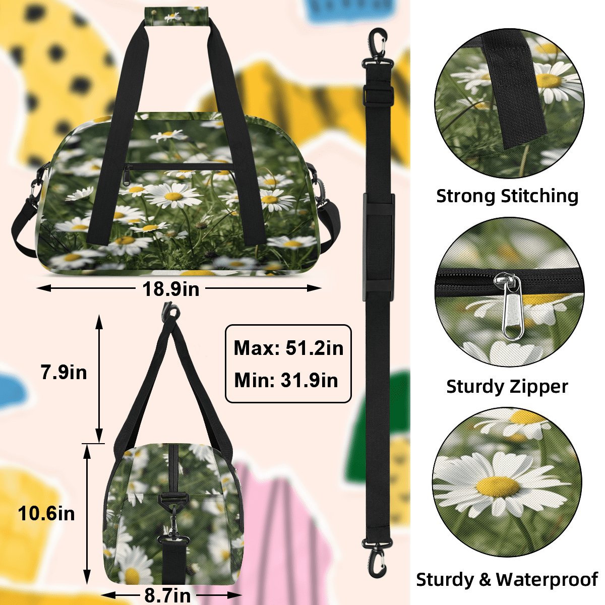 Herdesigns Daisy Sports Duffle Bag for Women & Men, Floral Gym Bag Dance Bag Overnight Bag Carry On Weekender Travel Bag