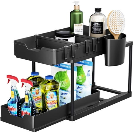 Puricon 1 Pack Under Sink Organizers and Multi-Purpose 2-Tier Double Sliding Pull-Out Drawer Shelf Storage Rack for Cabinet -Black