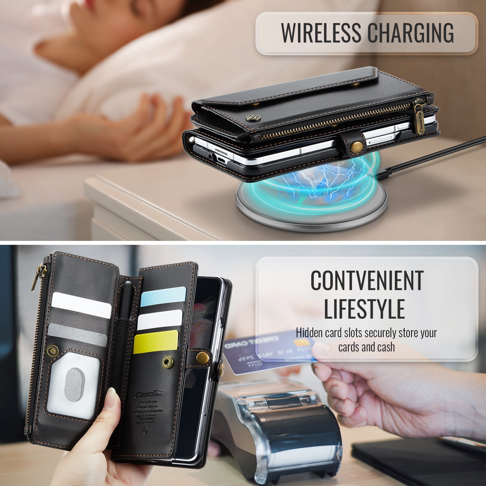 Dteck for Samsung Galaxy Z Fold 6 Case with RFID Blocking Wallet Case for Women Men, Shockproof PU Leather Magnetic Flip Strap Zipper Card Holder Phone Case,Black