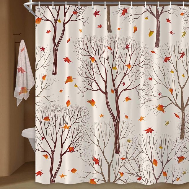 Fall Theme Shower Curtain Autumn Tree Leaves Farmhouse Thanksgiving Bathroom Decor with Hooks 70 x 70 Inches Ivory