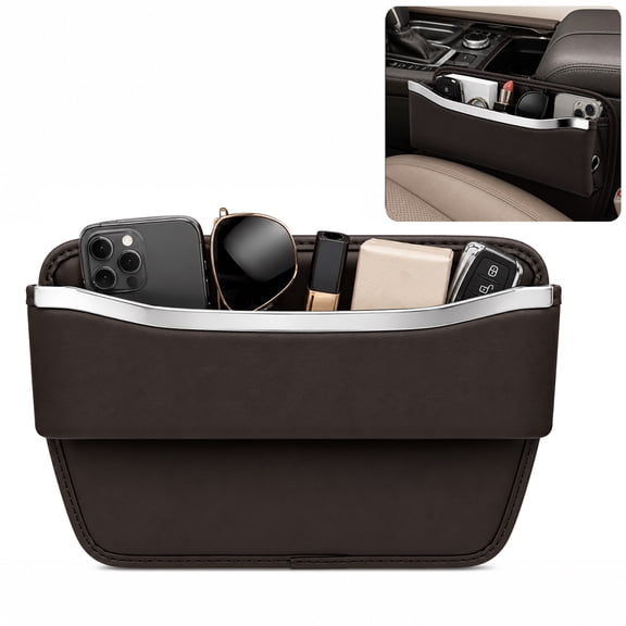Car Seat Gap Filler Organizer, 11.0 x 7.9 in Brown Leather Car Side Pocket Storage with Sophisticated Metal Trim and Charging Hole, Vehicle Seat Gap Organizer for Phone, Wallet, Key