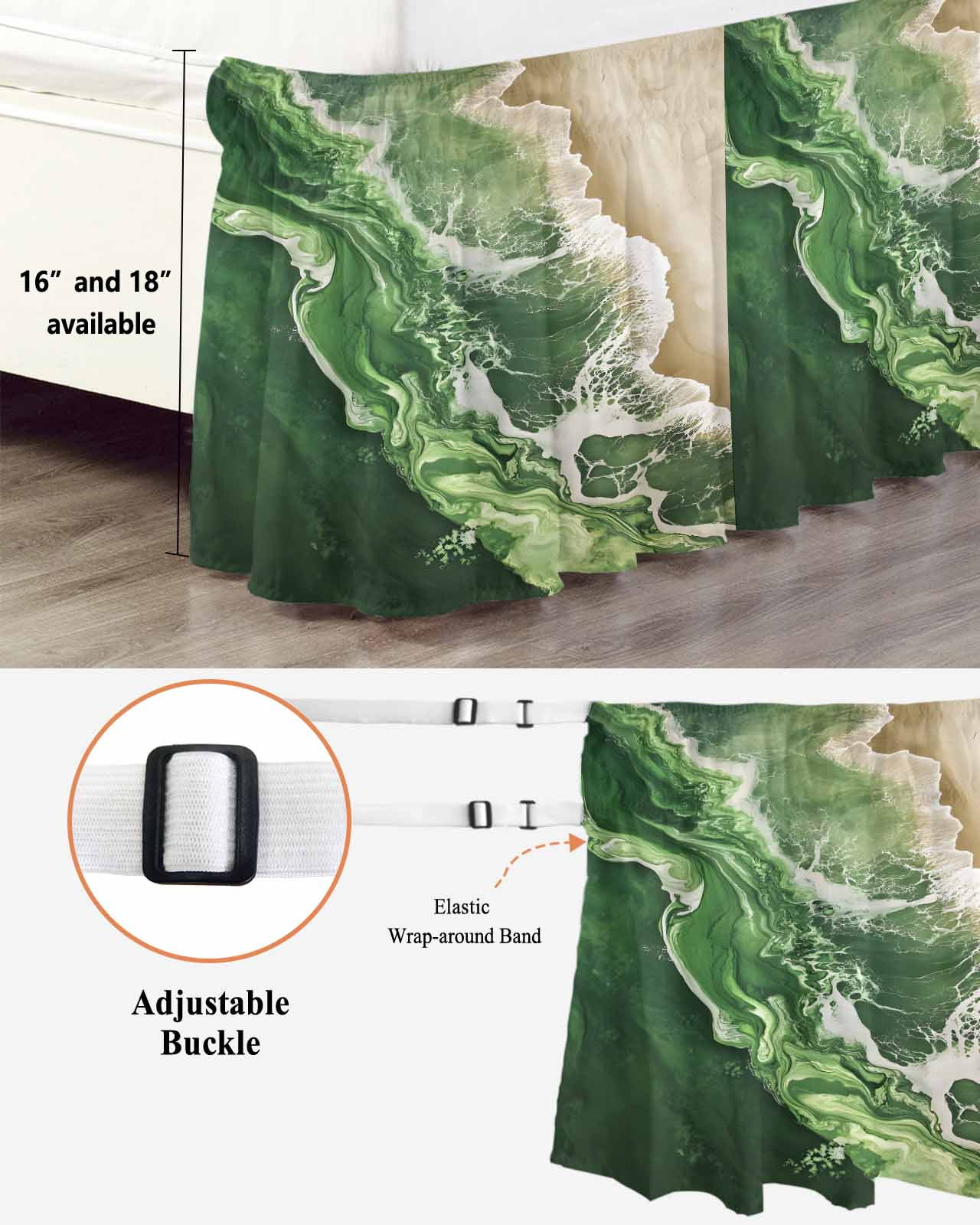 Dark Green Bed Skirt Queen Size 18" Drop Beige Gradient Ocean Wave Abstract Beach Coastal Ruffled Wrap Around Bed Skirts Adjustable Elastic Bedskirt Dust Ruffle for Queen Size Bed