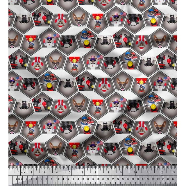 Soimoi Crepe Silk Fabric Geometric & Dogs Patchwork Print Fabric by Yard 42 Inch Wide