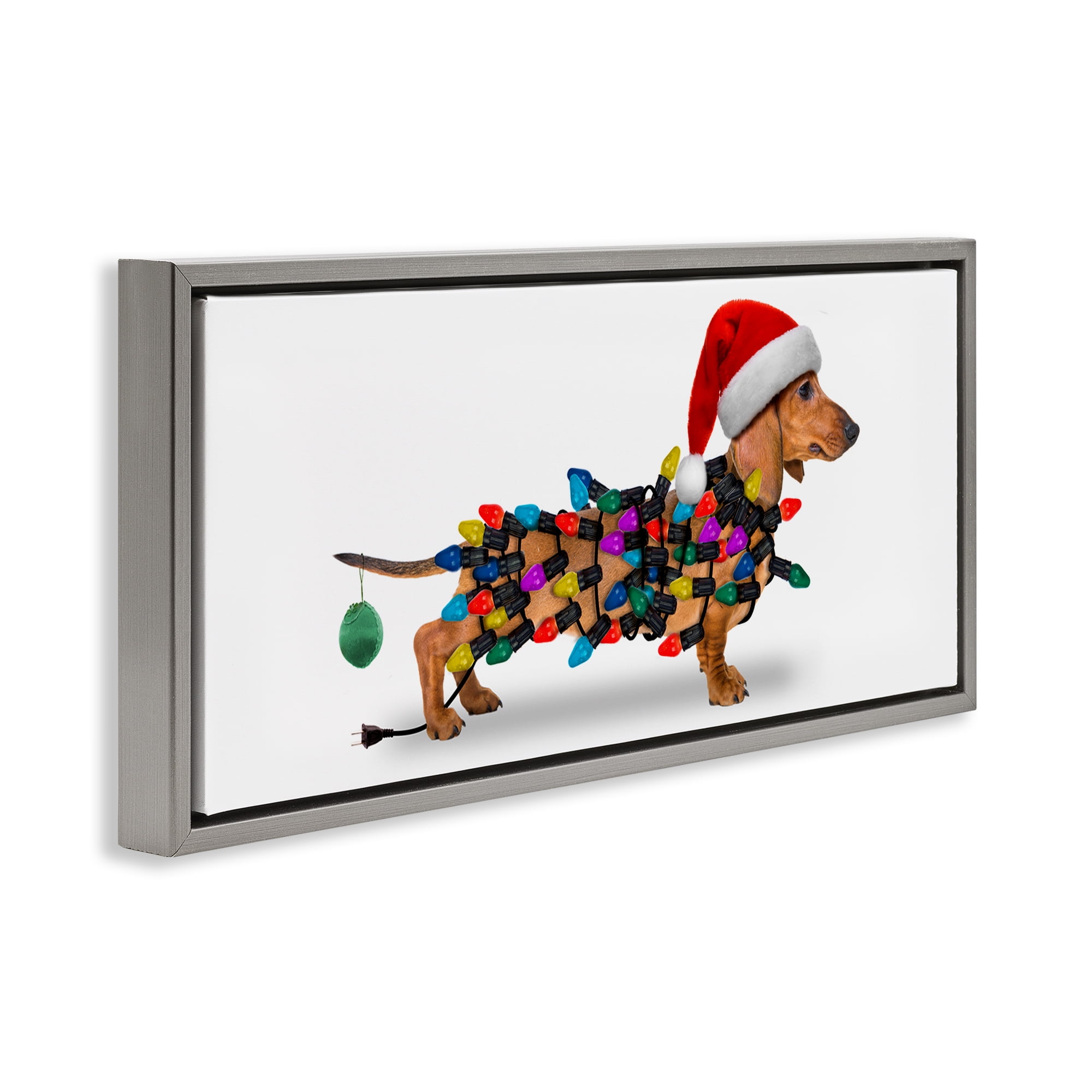 Stupell Industries Holiday Lights Dachshund Holiday Painting Gray Floater Framed Canvas Art Prints Wall Art, 31 x 14