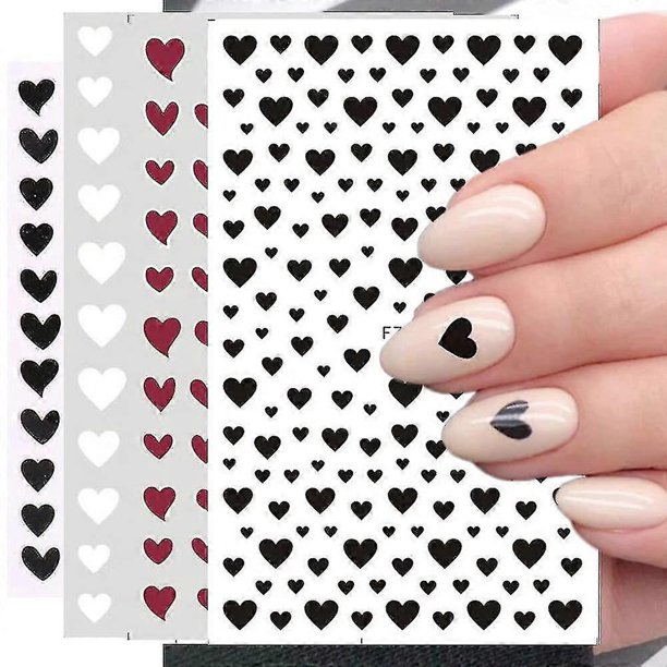 CHAO Calcomanías de corazón para uñas, 4 hojas de calcomanías de corazón para decoración de uñas, suministros para decoración de uñas para el día de San Valentín, calcomanías de corazón autoadhesivas