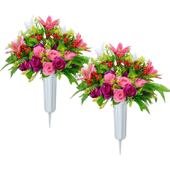 Artificial Cemetery Flowers with Vase, Set of 2 Artificial Rose Lily Bouquet Graveyard Memorial Flowers for Cemetery Headstones tion