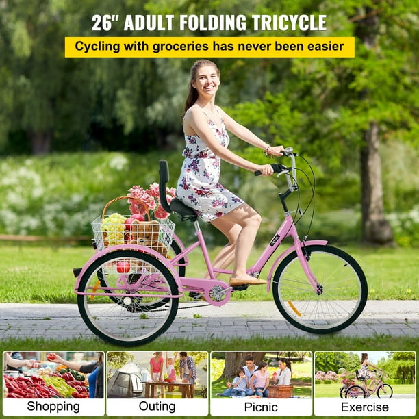 VEVOR Tricycle Pliable pour Adultes 26 Pouces 7 Vitesses Velo a 3 Roues avec Panier Tricycle pour Adultes Tricycle Pliable Tricycle Adulte Velo a 3 Roues Tricycle pour Adultes Rose Walmart