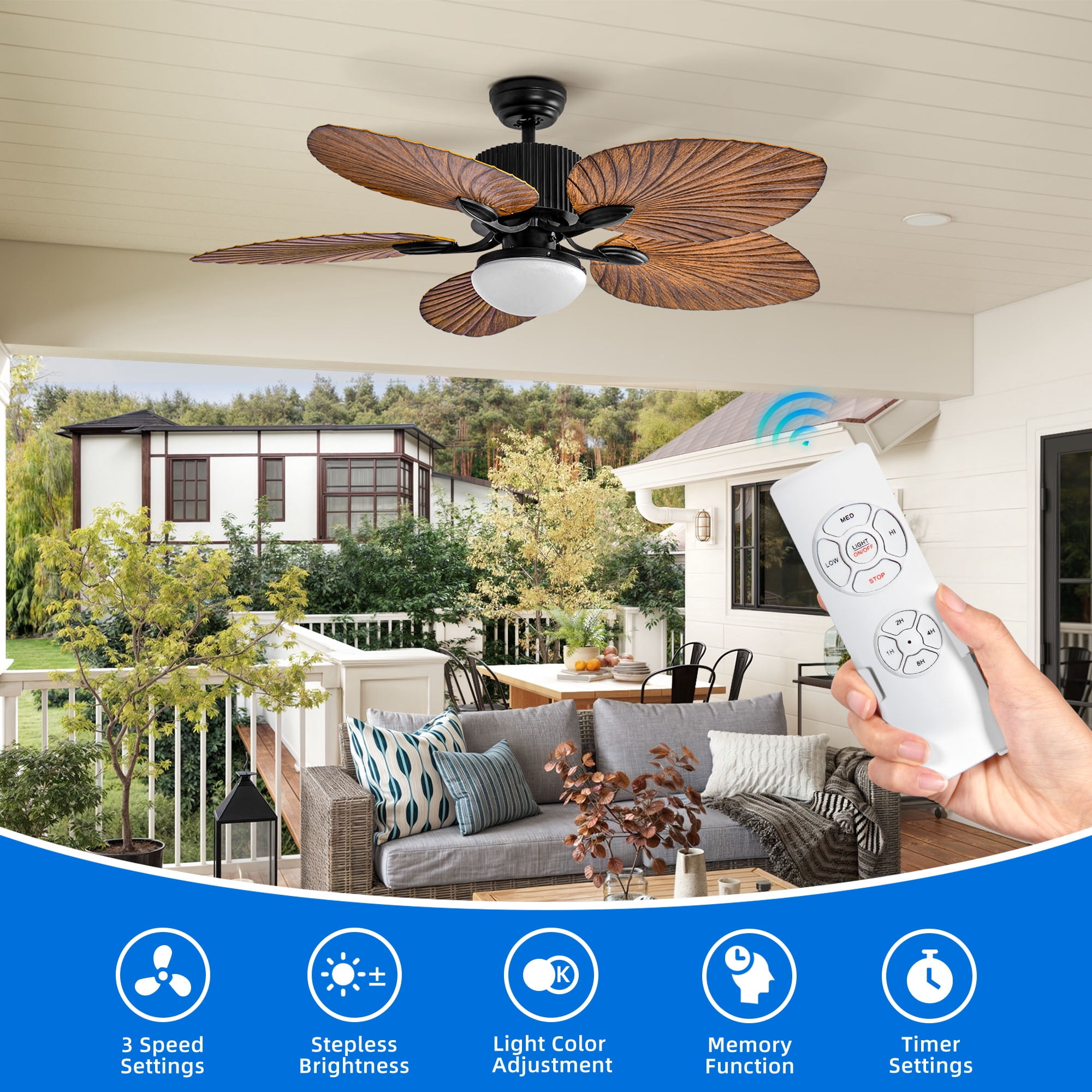 Uforic 52-Inch Tropical Ceiling Fan with LED Light and Remote,5 Palm Leaf Blades ceiling fan - Brown