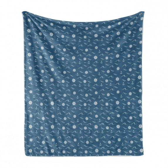 Nautical Blue Soft Flannel Fleece Blanket, Monochromatic Art of Marine Wheel Anchor and Waves Repetition Print, Cozy Plush for Indoor and Outdoor Use, 70" x 90", Slate Blue and White, by Ambesonne