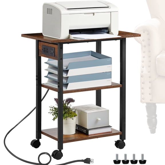 Leyaoyao 3-Tier Mobile Printer Stand, Rolling Cart with Power Outlets and USB Ports, Home Printer Stand with Wheels for Home, Office, Brown