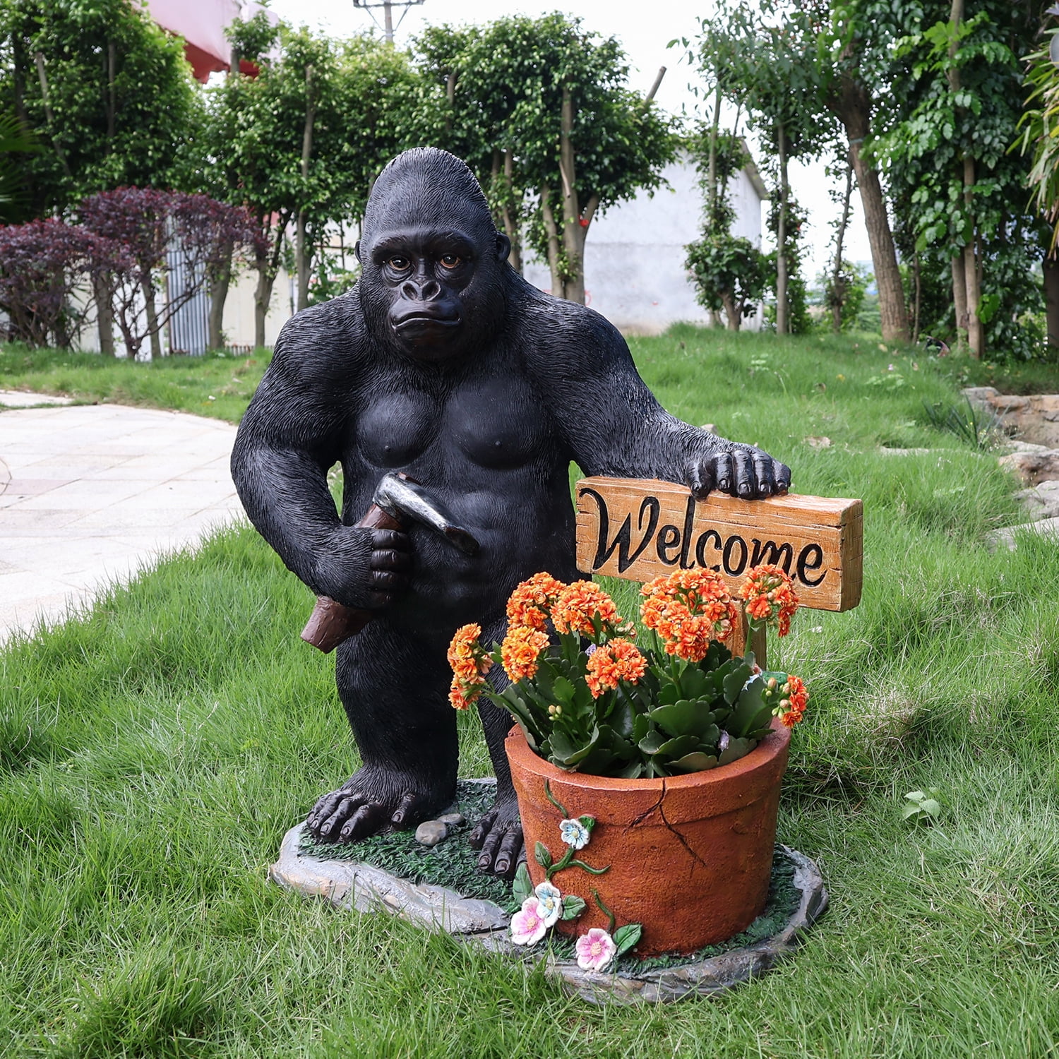 Aukfa Gorilla Garden Statue with Planter and Welcome Sign, Resin Outdoor Animal Sculpture with Built-In Flower Pot for Patio, Lawn, Porch, Entryway, Backyard Decor (Standing)