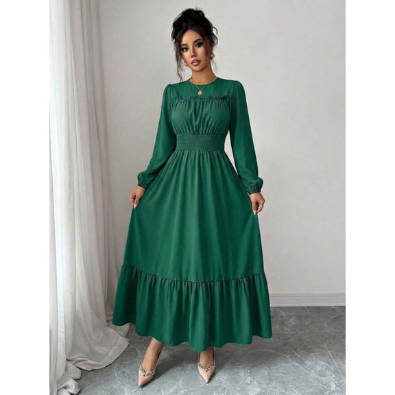 Dark Green Crew Neck Smocked Waist Long Sleeve Ruffle Trim Flounce Hem Midi Dress