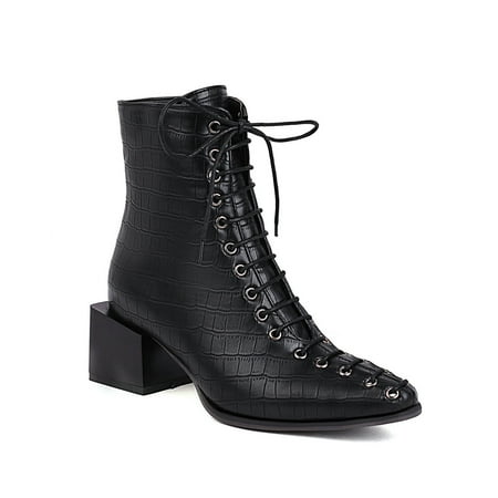

KBKYBUYZ Snake Print Color-blocking Cross-lace Thick-heel Square-toe Women s Short Boots
