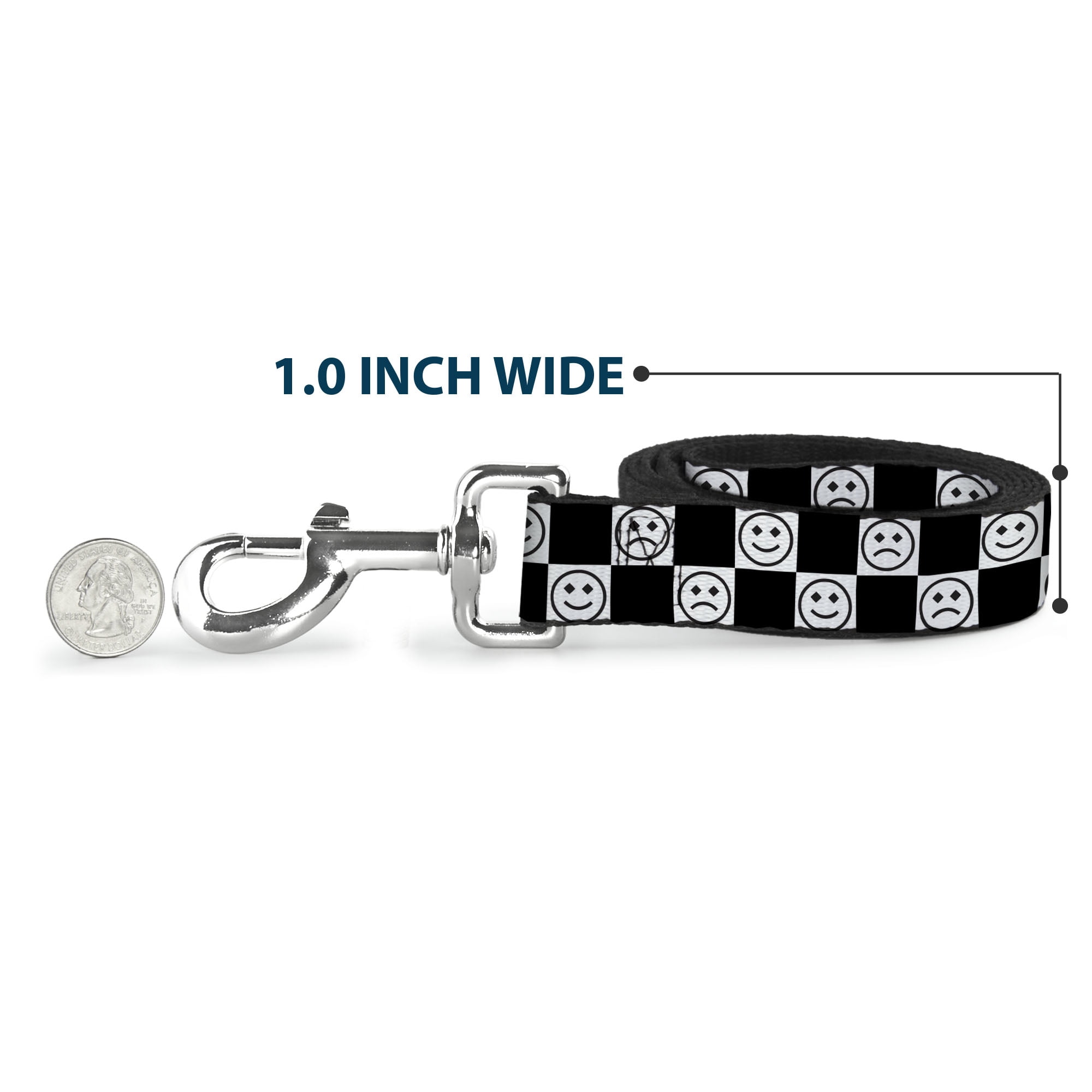 Buckle-Down Pet Leash, Dog Leash, Smiley Sad Face Checker Black White, 6 Feet Long 1.0 Inch Wide