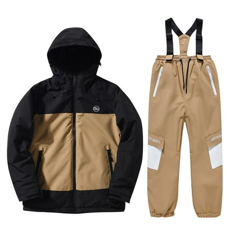 TEAJOPSUU Kids Snowsuits Boys Girls Thick Waterproof Windproof Insulated Ski Jacket and Suspender Snow Pants Winter Warm Snowsuit Set E-Khaki