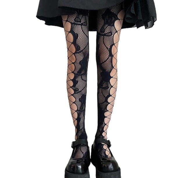 Pantimedias de rejilla góticas de Lolita para mujer, medias de malla con agujeros cruzados, lado Harajuku, con estampado Floral rosa