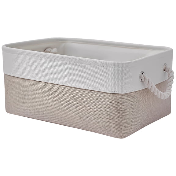 15L Fabric Storage Bin with Cotton Rope Handles, Khaki & White Foldable Closet Organizer, 14.2 in / 36 cm Book Basket Organizer for Shelf, Clothes, Toys