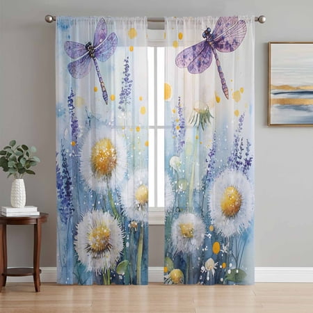 Dragonfly Spring Floral Sheer Curtains 72 Inch Length 2 Panels Set Summer Botanical Flowers Voile Window Treatment Rod Pocket Curtains Sheers Drapes for Bedroom/Living Room/Kitchen 52 x72 x2