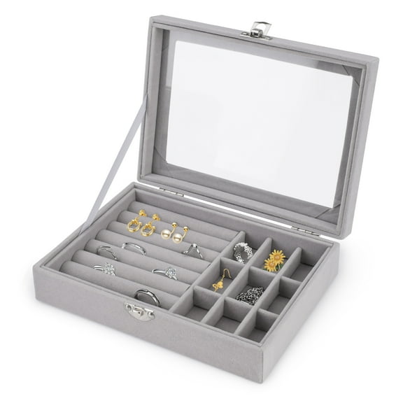 Sekonow Velvet Jewelry Box, Glass Lid 9 Removable Grids 7 Slots, Ring Jewelry Organizer Holder Tray for Women Earring Bracelet Storage and Display, Grey