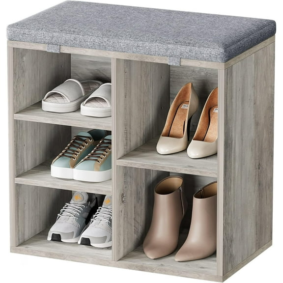 QRKD 20in Shoe Bench Entryway with Storage, Cubby Storage Bench with Cushion, Small Shoe Rack Bench with 3-Tier Adjustable Shelf for Entryway, Bedroom, Living Room, Hallway