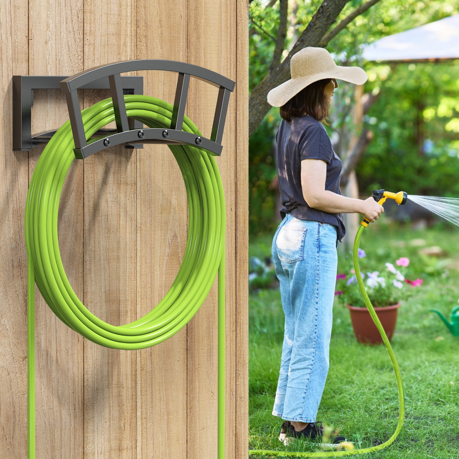 OLV Garden Hose Wall Holder,Outdoor Heavy Duty Metal Hanger,Holds 125ft/95lb Water Pipe,Sturdy Detachable Hose Storage Organizer Reel Rack