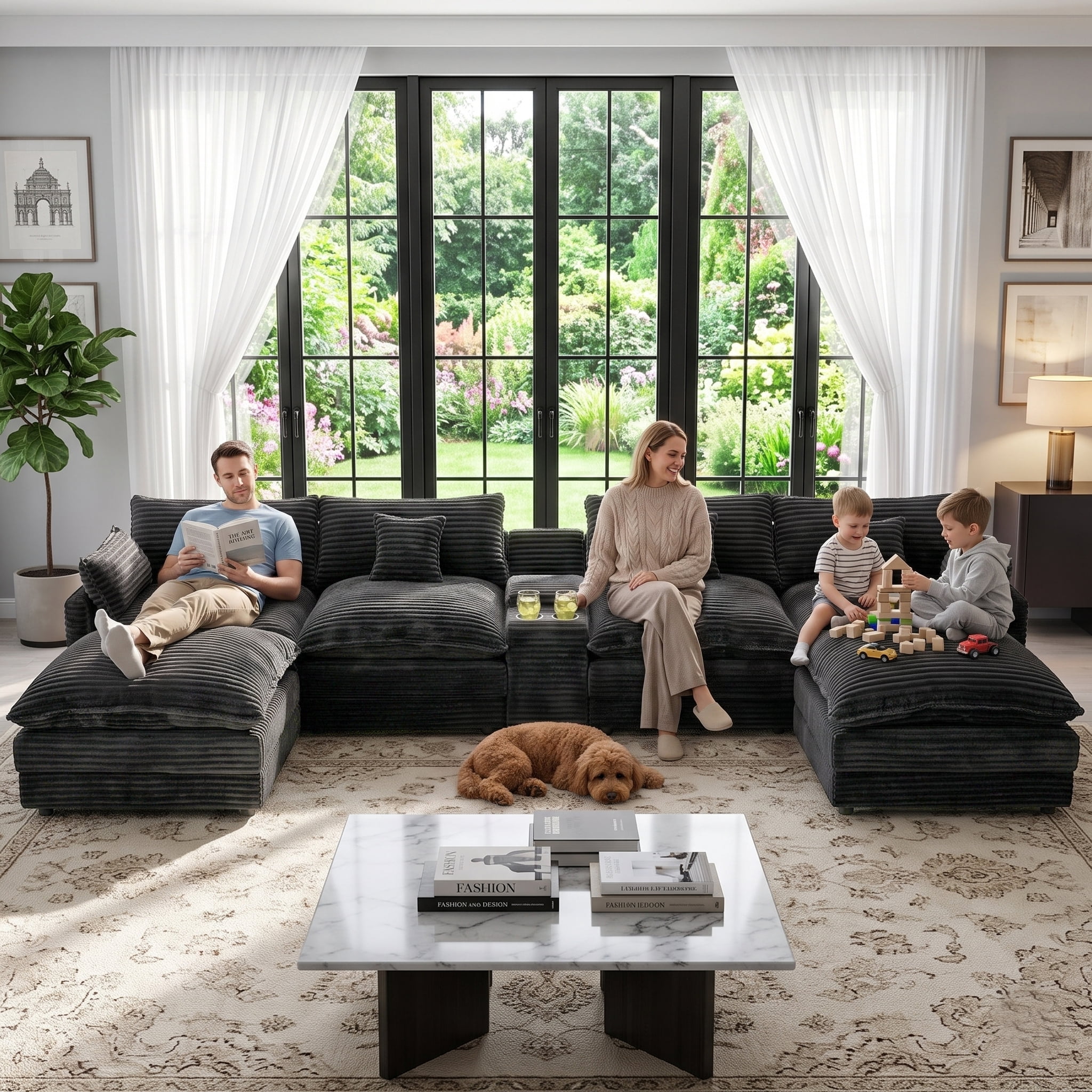Wakefit 141" U Shaped Sectional Couch, Oversized Modular Sectional Sofa, 5 Seater Corduroy Cloud Couch with Hidden Storage, USB Ports & Cup Holders for Living Room, Dark Gray