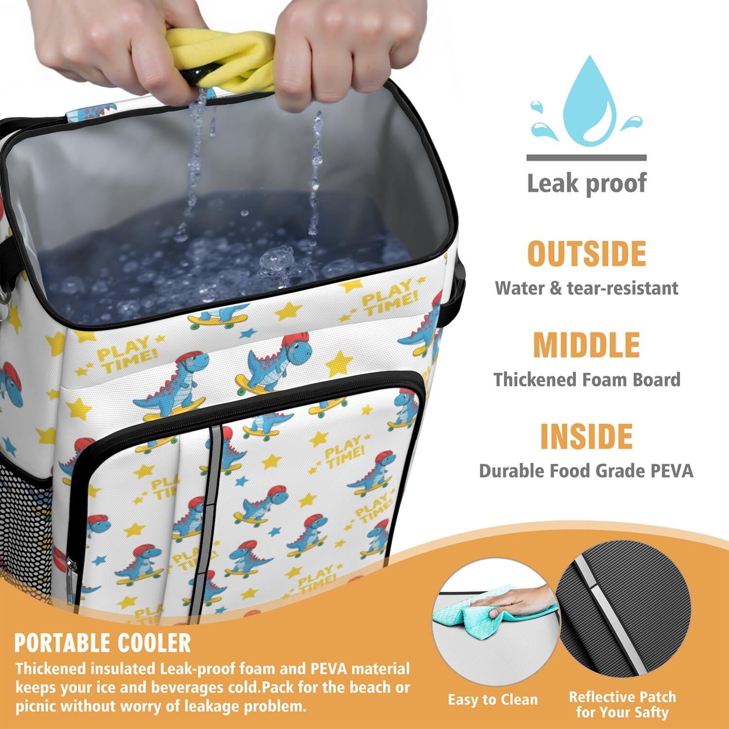Travel Cooler Bag - White Cartoon Dinosaurs Skateboards Pattern Camping Beer Cooler Backpack with Bottle Opener- Waterproof Insulated Picnic Backpacks - Cooler Bag for Beach