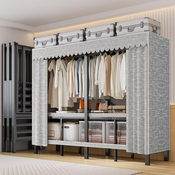 74.8" Heavy Duty Portable Closet with Cover 1200Ibs Foldable Covered Clothes Rack for Hanging Armoire Wardrobe Closet System Freestanding Coat Storage Garment Racks