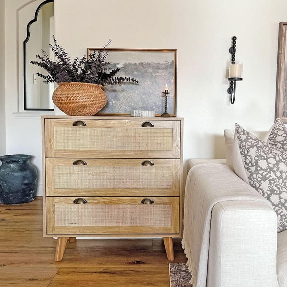MISSUNNY Rattan Storage Cabinet, Boho Accent Cabinet w/3 Drawers for Living Room, Natural Wood, 31.5"