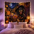 thumbnail image 2 of Dachshund in Witch Hat with Halloween Neighborhood Scene, Cozy Illustration for Dog Lovers, Fantasy Decor, Halloween Gift, Tapestry Wall Hanging for Living Room and Bedroom, 2 of 7