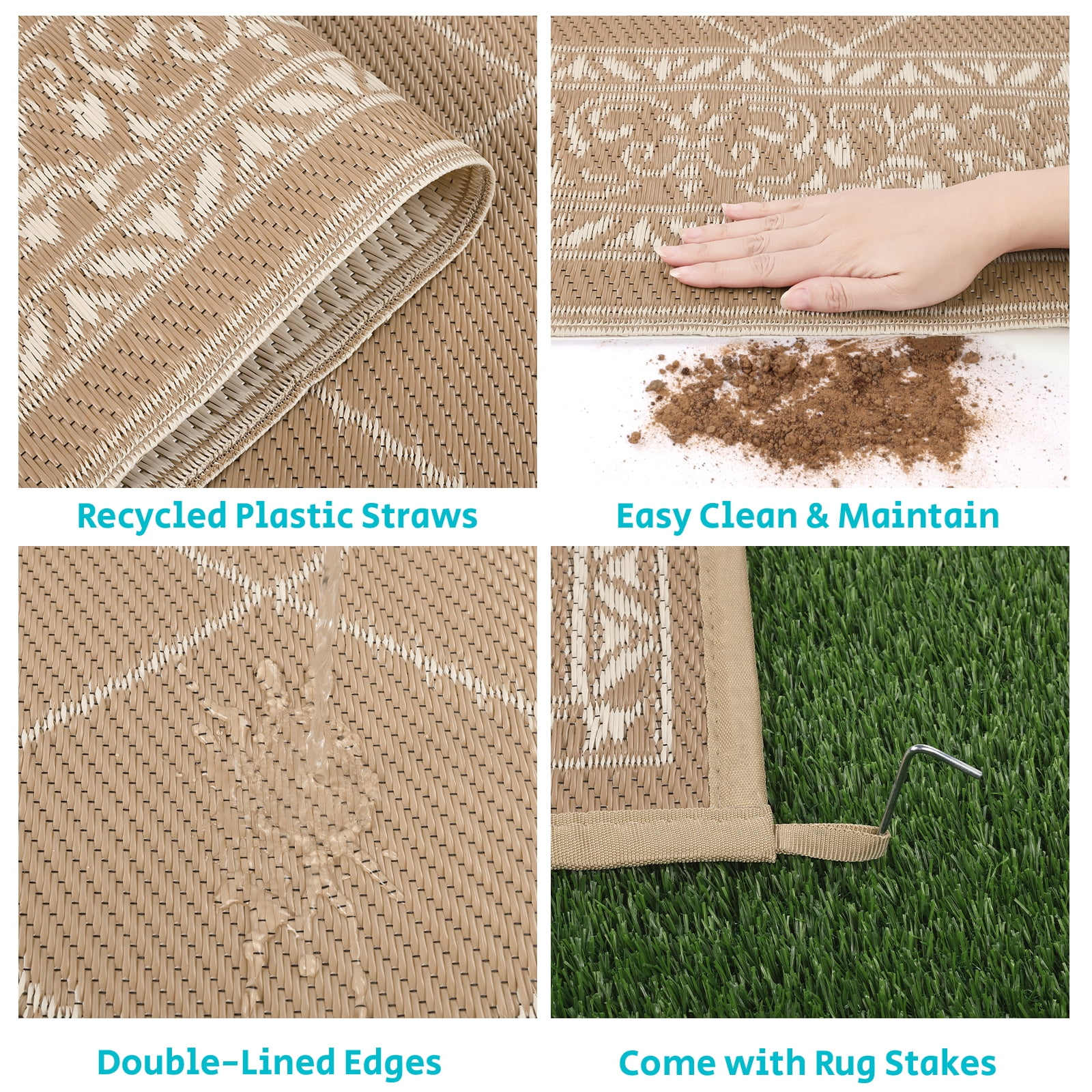 Enyhom Outdoor Rug Waterproof 9'x12', Reversible Plastic Straw Rug RV Camping Rug,Outside Carpet for Porch,Deck,Camper,Balcony,Backyard,Picnic，Beige