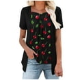 thumbnail image 2 of Aobny Date Night Tops for Women Black High Low Ruched Tees Short Sleeve Cherries Crew Neck Women Tshirts,S, 2 of 7