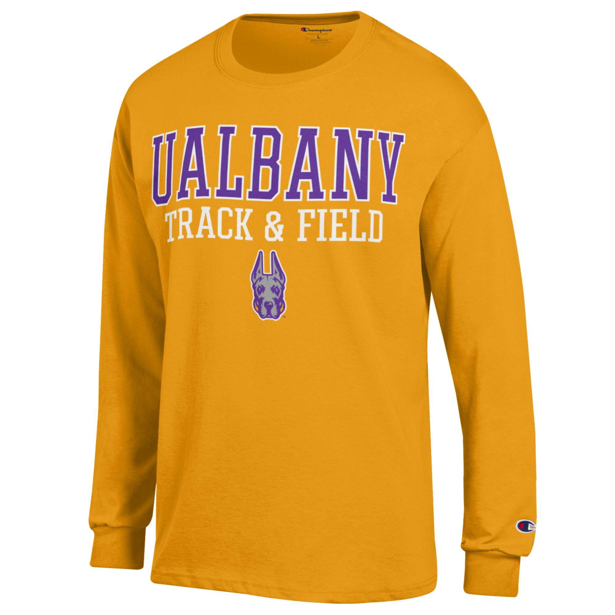 Men's-Champion  Yellow UAlbany Great Danes Stacked Track & Field Long Sleeve T-Shirt
