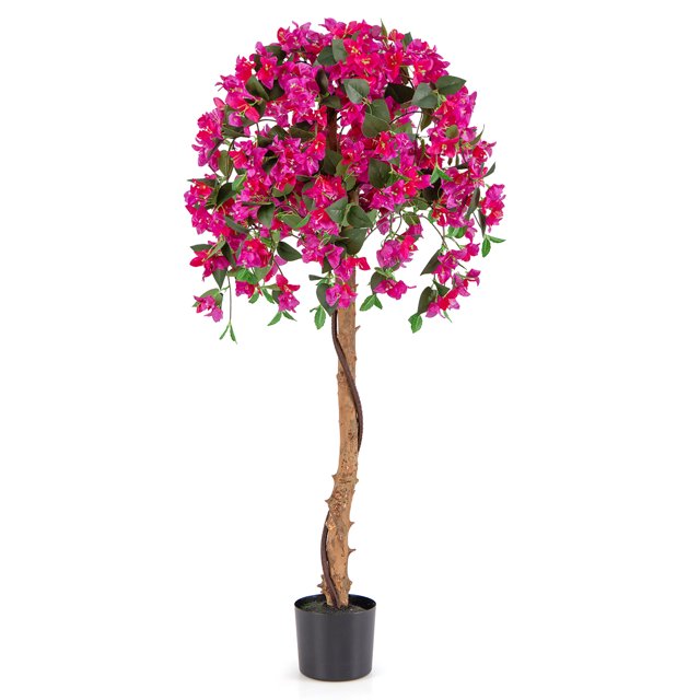 Gymax 4.5FT Artificial Tree Azalea Artificial Tree with a natural wood trunk wrapped in PE rattan, featuring 288 green leaves and 576 vibrant red flowers. The tree is set in a black plastic pot with simulated soil and grass for a realistic look. Ideal for indoor and outdoor use, it requires no watering, pruning, or sunlight and is easy to maintain.