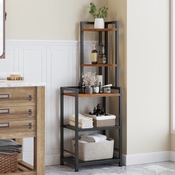 Corner Shelf Stand, 5-Tier Corner Bookshelf, Tall Standing Storage Shelf Organizer with Metal Frame & Wood Shelves, Display Shelf Plant Stand for Home Decor, Bedroom, Living Room, Office