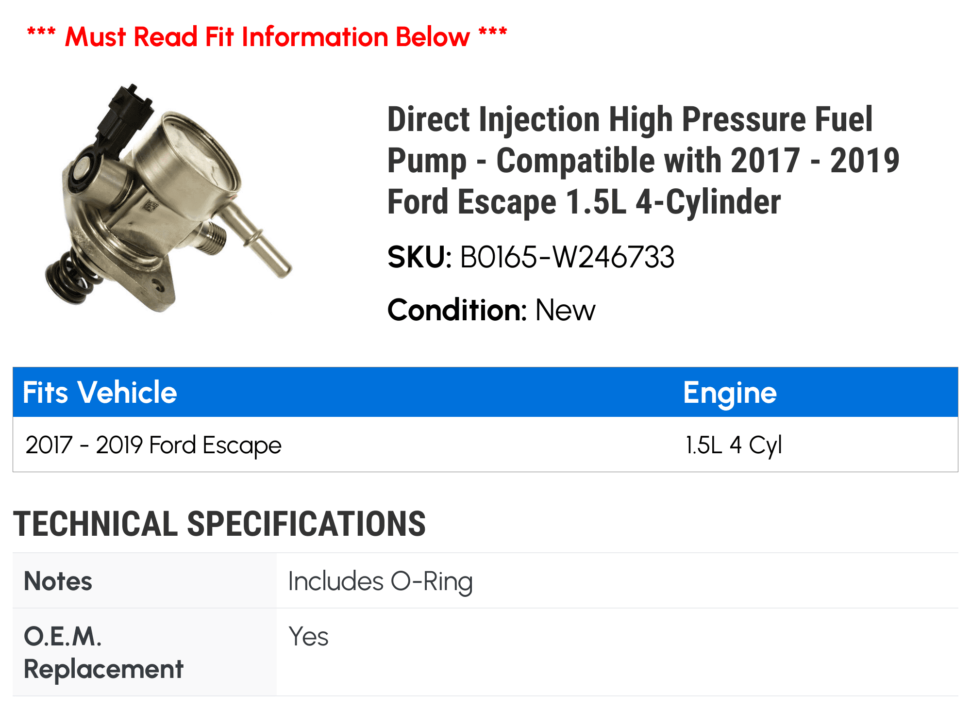 Direct Injection High Pressure Fuel Pump - Compatible with 2017 - 2019 Ford Escape 1.5L 4-Cylinder 2018