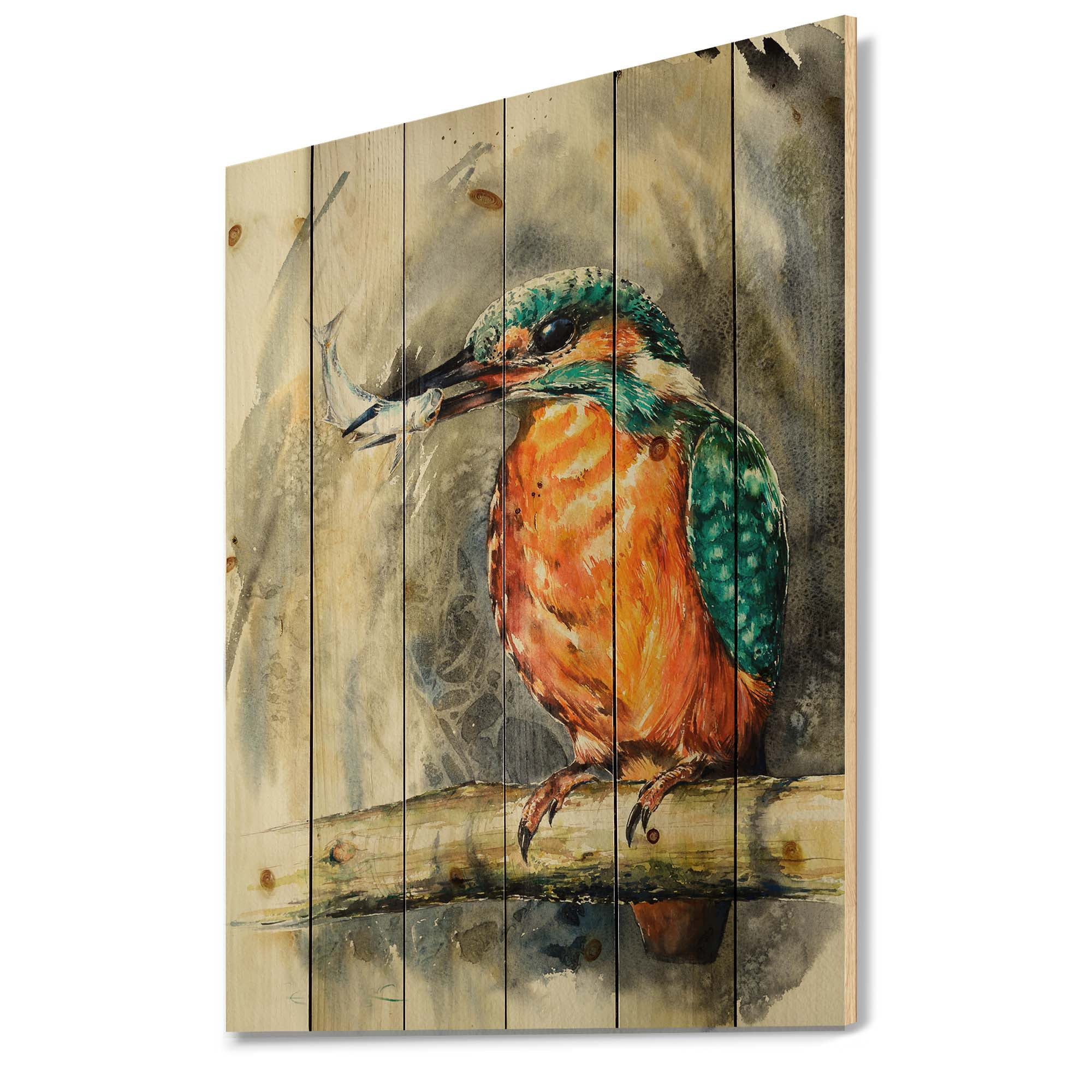 Designart 'Common Kingfisher On Branch Eating A Small Fish' Traditional Print on Natural Pine Wood