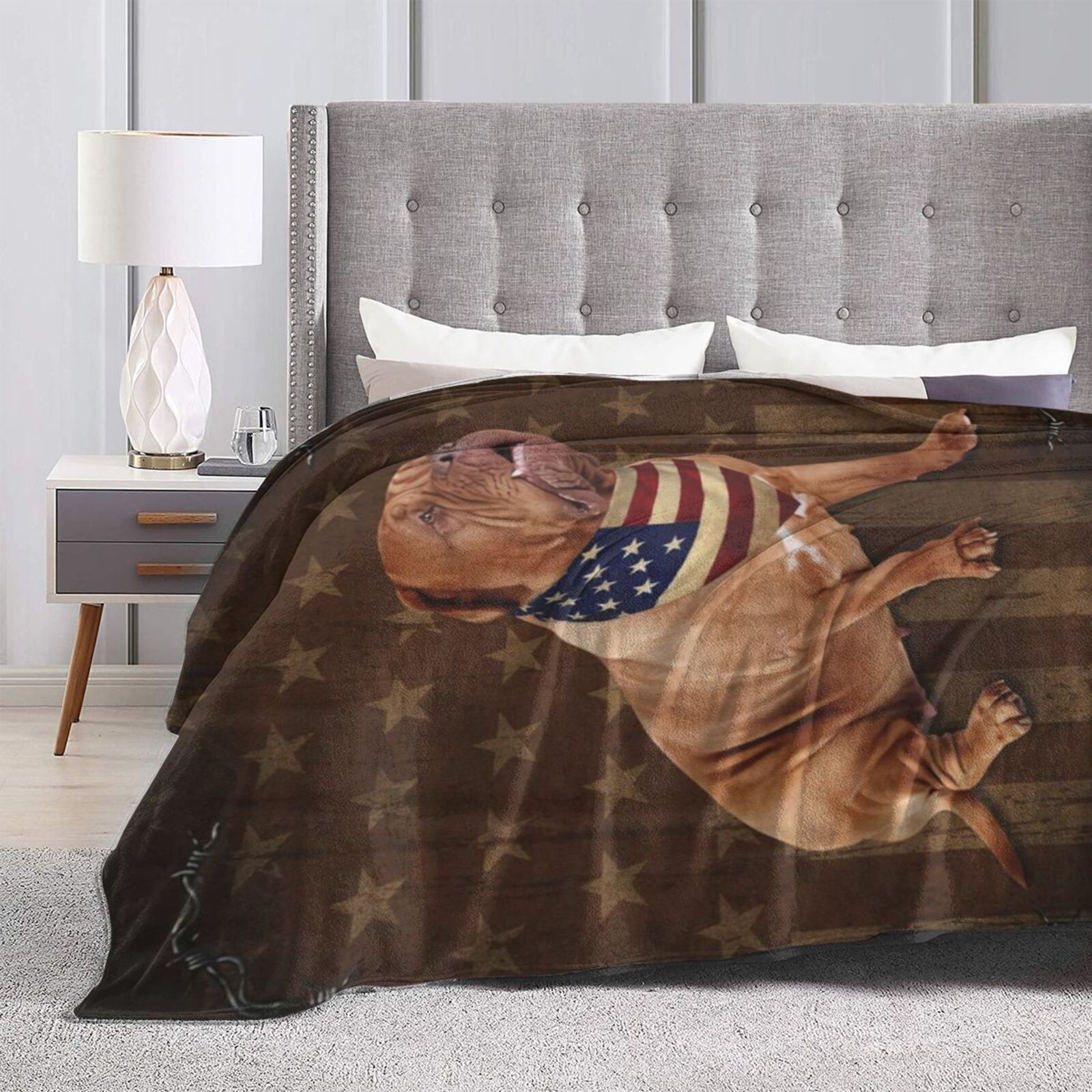 Wijzvio Dogue De Bordeaux Dog With Vintage American Flag Throw Blanket Soft Fuzzy Fleece Blanket For Couch Bed Living Room Decoration 50"X40"